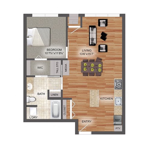Floor plan for 1 bed, 1 bath, 715 sqft